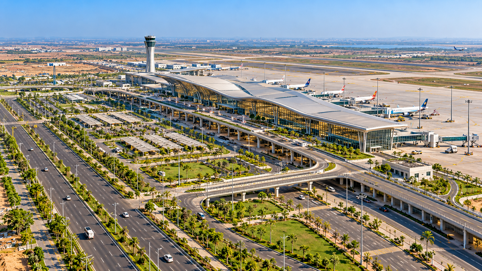 Futuristic aerial view of an airport complex representing Dholera International Airport