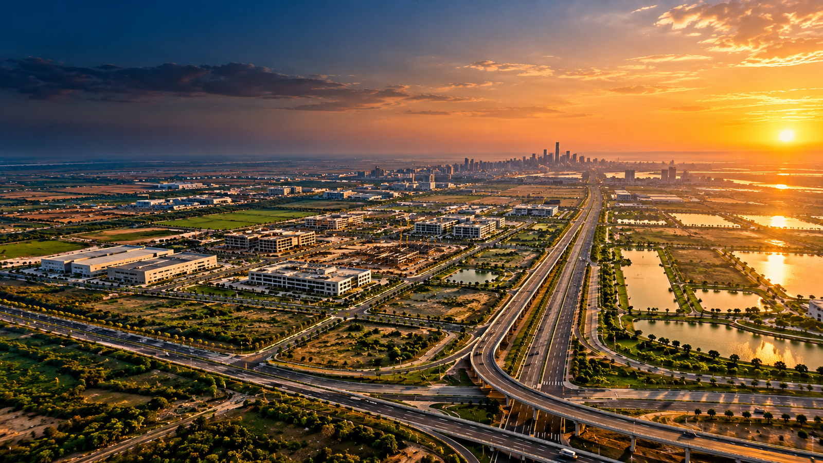 Golden hour highway and city skyline representing future growth in Gujarat