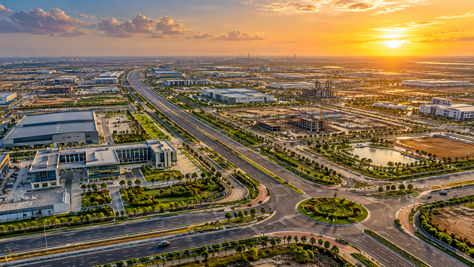 Golden hour view of a planned industrial cityscape representing Dholera, Gujarat