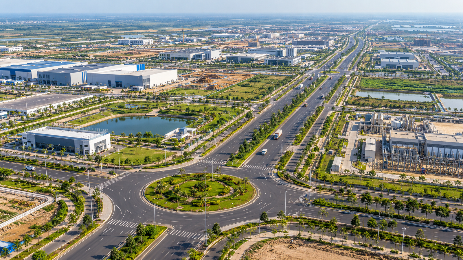 Aerial view of a planned industrial and technology park representing Dholera Special Investment Region